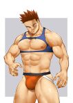  1boy bara boku_no_hero_academia bulge chest_hair chest_harness facial_hair feet_out_of_frame harness highres jockstrap large_pectorals male_focus male_underwear mature_male muscular muscular_male navel pain-lucky777 red_hair red_male_underwear scar scar_across_eye short_hair sideburns skindentation solo spiked_hair stubble thick_thighs thighs todoroki_enji underwear veins 