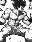  1boy abs aura belt biceps clenched_hands dougi dragon_ball dragon_ball_z fighting_stance greyscale highres male_focus monochrome muscular muscular_male pectorals powering_up solo son_goku spiked_hair topless torn_clothes veins xfiro 