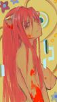  1girl blood blood_on_face blood_splatter breasts cenketsu elfen_lied hair_over_one_eye highres horns looking_at_viewer lucy_(elfen_lied) nipples nude red_eyes red_hair sideboob solo topless yellow_background 