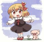  1girl ;o animal blonde_hair chibi cloud flower hair_ribbon long_sleeves looking_at_viewer neckwear one_eye_closed open_mouth outstretched_arms pig puffy_sleeves red_eyes red_footwear ribbon rokugou_daisuke skirt spread_arms standing 