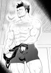  1boy bara boku_no_hero_academia boxers bulge chest_hair facial_hair feet_out_of_frame greyscale highres large_pectorals male_focus male_underwear mature_male monochrome muscular muscular_male navel pain-lucky777 sauna scar scar_across_eye short_hair sideburns solo spiked_hair steam stubble sweat thick_thighs thighs todoroki_enji underwear underwear_only 