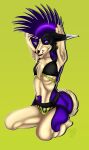  absurd_res body_hair bra canid canine canis clothed clothing confident female fluffy fluffy_chest fur green_background hair happy_trail hi_res jockstrap looking_at_viewer mammal mohawk outline pinup pose purple_hair rancid_kill rogue_fang sexualdoggo simple_background smile smirk solo tan_body underwear underwear_only wolf 