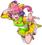  1girl :d animal_ears boots curly_hair dress full_body green_shirt highres ichi_orgin looking_at_viewer multicolored multicolored_eyes multicolored_hair open_mouth original outstretched_hand pink_hair pleated_skirt purple_hair shirt short_hair simple_background single_bare_leg single_thighhigh skirt smile solo thighhighs v white_background white_footwear white_legwear yellow_dress 