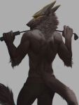  b.koal black_body black_fur clothed clothing fur hi_res looking_at_viewer looking_back male sergal solo whip 