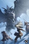  1girl 2boys alduin armor axe battle battle_axe blonde_hair boots breastplate brown_hair dragon fangs fur_boots horns long_hair mountain multiple_boys quirkilicious red_eyes robe snow sword tagme the_elder_scrolls the_elder_scrolls_v:_skyrim weapon white_hair wings 