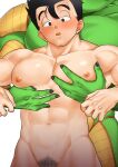  2boys abs bara black_eyes black_hair blush colored_skin completely_nude dragon_ball dragon_ball_z grabbing green_skin groin groping hair_strand highres interspecies large_pectorals male_focus male_pubic_hair multiple_boys muscular muscular_male navel nipples nude older out-of-frame_censoring pain-lucky777 pectoral_grab piccolo pubic_hair short_hair solo_focus son_gohan spiked_hair stomach yaoi 