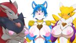  anthro big_breasts blue_body blue_fur blush breasts digimon digimon_(species) female fur group hi_res kemojin krystal looking_at_viewer nintendo nipples one_eye_closed pok&eacute;mon pok&eacute;mon_(species) renamon star_fox video_games white_body white_fur yellow_body yellow_fur zoroark 