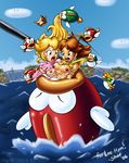  blonde_hair boss_bass breasts cheep_cheep crown fish hat mario_(series) medium_breasts multiple_girls princess_daisy princess_peach shax super_mario_bros. tearing_clothes torn_clothes vore 