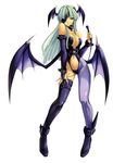  asymmetrical_clothes bare_shoulders bat_wings black_leotard breasts demon_girl eyepatch fingerless_gloves gloves green_eyes green_hair head_wings highres large_breasts leather leotard long_hair midriff morrigan_aensland nail_polish pantyhose purple_nails purple_wings shingo_(missing_link) single_thighhigh solo succubus tan thighhighs vampire_(game) whip wings 