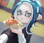  1girl act_(a_moso) blue_hair blurry blurry_background closed_mouth dutch_angle earrings food hand_up holding holding_food jewelry long_hair long_sleeves octarian octoling silver_eyes smile solo splatoon splatoon_(series) splatoon_2 suction_cups tempura tentacle_hair upper_body 