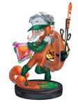  1girl act_(a_moso) baseball_cap boots closed_mouth full_body gloves green_footwear green_gloves grey_eyes hat holding leg_up lifebuoy looking_at_viewer medium_hair octarian octoling orange_hair overalls paint rubber_boots rubber_gloves salmon_run simple_background smile solo splat_bomb_(splatoon) splatoon splatoon_(series) splatoon_2 standing standing_on_one_leg tentacle_hair 