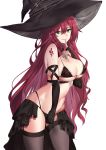  1girl absurdres breasts cleavage contrast elbow_gloves gloves green_eyes hat highres inuikentarou_(mfwt5357) large_breasts long_hair navel pink_hair solo thighhighs very_long_hair witch witch_hat 