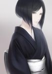  1girl black_eyes black_hair commentary erise funeral_kimono highres japanese_clothes kimono obi original sash short_hair simple_background solo 