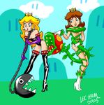  2girls blonde_hair blue_eyes boots breasts brown_hair chain_chomp cleavage crown daisy gloves high_heel_boots high_heels lee-ham long_hair mario_(series) multiple_girls navel nintendo nude peach piranha_plant princess_daisy princess_peach smile super_mario super_mario_bros. super_mario_land tentacle 