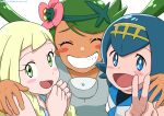  3girls :d artist_name bangs blonde_hair blue_eyes blue_hair blush_stickers bright_pupils closed_eyes commentary_request dark_skin dark_skinned_female dated eyelashes floating_hair flower green_eyes green_hair grin hair_flower hair_ornament hairband hand_up hands_together hands_up kibisakura2 lana_(pokemon) lillie_(pokemon) long_hair looking_at_viewer mallow_(pokemon) multiple_girls no_sclera open_mouth overalls pokemon pokemon_(anime) pokemon_sm_(anime) sailor_collar shirt short_hair smile swept_bangs tongue twintails upper_body v yellow_hairband 