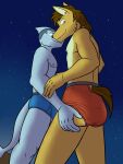 anthro blush briefs bulge butt butt_grab canid canine canis clothed clothing coyote duo fish furgonomics fuze hand_on_butt hi_res ian_(fuze) male male/male mammal marine mond_reyes night nipples outside shark texnatsu topless underwear underwear_only 
