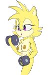  anthro bodily_fluids canid canine canis dumbbell ellie_the_wolf exercise fan_character female fours_(artist) fur hi_res mammal muscular muscular_anthro muscular_female purple_eyes solo sonic_the_hedgehog_(series) sweat weights wolf workout yellow_body yellow_fur 