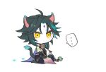  ... 1boy ahoge animal_ears aqua_hair arm_tattoo asymmetrical_clothes bangs bead_necklace beads bell black_hair cat_ears chibi closed_mouth facial_mark forehead_mark genshin_impact gloves jewelry male_focus multicolored_hair necklace pale_skin paw_gloves paw_print paw_shoes paws shoes simple_background sitting skk solo spoken_ellipsis tattoo white_background xiao_(genshin_impact) yellow_eyes 