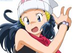  1girl artist_name beanie black_hair blue_eyes bracelet commentary_request dated dawn_(pokemon) eyelashes floating_hair hair_ornament hairclip hat jewelry kibisakura2 long_hair looking_to_the_side open_mouth pokemon pokemon_(anime) pokemon_dppt_(anime) scarf simple_background sleeveless solo sweatdrop tongue white_background white_headwear 