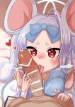  1girl absurdres animal_ears bar_censor blue_archive blush censored commentary_request detached_sleeves halo heart heart-shaped_pupils highres long_hair mouse_ears penis pov red_eyes saya_(blue_archive) silver_hair solo_focus symbol-shaped_pupils tongue tongue_out tsugumi_amon 