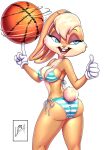  4_fingers absurd_res anthro ball basketball_(ball) big_breasts big_butt bikini blonde_hair blue_eyes breasts buckteeth butt butt_pose clothed clothing female fingers fur gesture gloves hair handwear hi_res lagomorph leporid lola_bunny looking_aside looking_back looney_tunes mammal open_mouth pandazul23 pattern_clothing pose rabbit scut_tail side-tie_bikini signature simple_background skimpy smile solo space_jam striped_clothing stripes swimwear tan_body tan_fur teeth thumbs_up warner_brothers white_background 