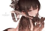  1girl bangs black_hair breasts cleavage copyright_name english_text fork gloves hands_up knife lace long_hair long_sleeves nordgreen original ryota_(ry_o_ta) simple_background solo upper_body utensil_in_mouth watch white_background wristwatch 
