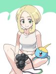  1girl bare_arms barefoot blonde_hair blush_stickers breasts camera closed_mouth collarbone commentary_request devanohundosi eyelashes gen_3_pokemon green_eyes gym_leader holding looking_down navel pokemon pokemon_(creature) pokemon_(game) pokemon_on_leg pokemon_xy shirt sleeveless sleeveless_shirt smile surskit viola_(pokemon) white_shirt 