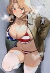  1girl american_flag_bikini american_flag_bikini_top bikini blonde_hair breasts duplicate flag_print girls_und_panzer hand_in_pocket huge_breasts ikuchan_kaoru jacket kay_(girls_und_panzer) military military_uniform saunders_military_uniform smile standing standing_on_one_leg swimsuit thighhighs uniform visible_air wall white_legwear yellow_eyes 