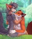  5_fingers canid canine canis coyote day detailed_background eyebrows eyelashes female fhyra fingers forest fox fur grass grey_body grey_fur imanika mammal orange_body orange_fur outside plant red_eyes smile tree white_body white_fur 