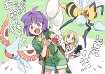 1boy 1girl :d beedrill belt blonde_hair blush_stickers bugsy_(pokemon) camera closed_mouth collared_shirt commentary_request devanohundosi gen_1_pokemon gen_3_pokemon green_eyes green_pants green_shirt green_shorts gym_leader holding holding_butterfly_net holding_camera holding_poke_ball masquerain open_mouth pants poke_ball poke_ball_(basic) pokemon pokemon_(creature) pokemon_(game) pokemon_hgss pokemon_masters_ex pokemon_xy purple_eyes purple_hair shirt short_hair shorts sleeveless sleeveless_shirt smile tongue translation_request viola_(pokemon) white_shirt 