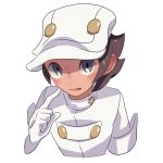  1boy aether_foundation_employee blush brown_hair grey_eyes hand_up hat highres index_finger_raised komurapk looking_at_viewer male_focus open_mouth pokemon pokemon_(game) pokemon_sm short_hair short_sleeves simple_background solo upper_body white_background white_headwear 