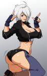  angel_(kof) blue_eyes boots breasts cowboy_boots hair_over_one_eye highres mergeritter mexican smile the_king_of_fighters white_hair 