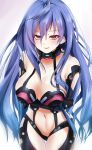  1girl :d arms_under_breasts bare_shoulders black_bodysuit black_gloves black_legwear blue_hair blush bodysuit breast_rest breasts cleavage cowboy_shot elbow_gloves gloves hair_between_eyes highres iris_heart jewelry kami_jigen_game_neptune_v large_breasts leaning_forward long_hair looking_at_viewer midriff navel neptune_(series) open_mouth pink_eyes power_symbol pururut revealing_clothes single_earring smile smug solo symbol-shaped_pupils very_long_hair wimawi 