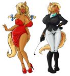  anthro big_breasts blonde_hair blue_eyes bow braided_hair breasts clothed clothing curvy_figure equid equine erect_nipples female footwear gloves hair handwear hi_res high_heels hobb horse mammal nipples riding_crop shoes solo tight_clothing voluptuous whip 