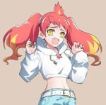  1girl :d absurdres bangs belt blonde_hair blue_shorts brown_background cowboy_shot denim denim_shorts drawstring fangs hairband hands_up highres hikasa_tomoshika hood hood_down hoodie kiko_(kikobooom) long_hair long_sleeves midriff multicolored_hair open_mouth red_hair shorts simple_background sleeves_past_wrists smile solo sweatdrop tearing_up twintails two-tone_hair virtual_youtuber voms white_hoodie 