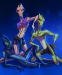  2012 alien alien_humanoid blue_body bottomwear clothed clothing featureless_crotch frown green_body grin group hi_res humanoid kneeling looking_at_viewer male mass_effect not_furry nude pose salarian shorts skelletang smile topless video_games 