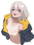  1girl :d absurdres bangs blue_eyes blush breasts commentary_request cropped_torso eyebrows_visible_through_hair grey_hair highres hood hood_down hooded_jacket hoodie idolmaster idolmaster_shiny_colors jacket long_sleeves looking_at_viewer naked_jacket nipples off_shoulder one-piece_tan open_mouth serizawa_asahi short_hair signalviolet simple_background small_breasts smile solo tan tanline upper_body white_background 