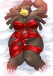  3_claws absurd_res anthro brown_body brown_fur camel_toe claws female fur gift_wrapped hi_res ketsuneko knock-kneed looking_at_viewer lying nintendo on_back pok&eacute;mon pok&eacute;mon_(species) solo toe_claws ursaring video_games 