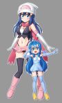  2girls :d adapted_costume ass_visible_through_thighs bangs bare_shoulders beanie black_legwear black_panties black_shirt blue_choker blue_dress blue_eyes blue_gloves blue_hair blue_legwear blue_panties blush boots breasts choker cleavage closed_mouth collarbone commentary_request crop_top dawn_(pokemon) dress elbow_gloves els_(ljhlee12) eyebrows_visible_through_hair full_body gen_4_pokemon gloves grey_background groin hair_between_eyes hair_intakes hair_ornament hairclip hat height_difference highleg highleg_panties knee_boots large_breasts long_hair looking_at_viewer midriff miniskirt multicolored_hair multiple_girls navel open_mouth outstretched_arm panties pantyshot personification pink_footwear pink_scarf pink_skirt piplup poke_ball_print pokemon pokemon_(game) pokemon_dppt scarf shirt sidelocks signature simple_background skirt sleeveless sleeveless_dress sleeveless_shirt small_breasts smile standing thighhighs underwear v_over_eye white_gloves yellow_footwear zettai_ryouiki 