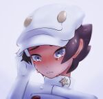  1boy aether_foundation_employee blush brown_hair crying gloves grey_eyes hat komurapk male_focus parted_lips pokemon pokemon_(game) pokemon_sm raised_eyebrows short_hair simple_background solo tears turtleneck watery_eyes white_background white_gloves white_headwear 