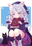  1girl animal animal_ears black_cat bloomers book boots cape cat cat_ears cat_tail closed_mouth commission full_body grimoire hat highres holding holding_book light_purple_hair long_hair long_sleeves marekamico original purple_eyes sitting skeb_commission tail twitter_username underwear wavy_hair 
