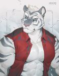  abs anthro blue_eyes canyne_khai clothing felid fur hair male mammal muscular pantherine signature simple_background stripes tiger topwear white_body 