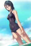  1girl bangs black_eyes black_hair black_swimsuit bleach blue_sky blush breasts breasts_apart cloud covered_nipples day hair_between_eyes highres kuchiki_rukia ocean outdoors parted_lips school_swimsuit shiny shiny_hair shiny_skin short_hair sky small_breasts solo summer swimsuit wading 