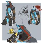  armor belt black_clothing blue_body blush bungie cayde-6 clothed clothing crotchless_clothing destiny_(video_game) duo exo genitals gun handjob hi_res hood humanoid knife machine male male/male penile penis pigeonpantonium plate_armor ranged_weapon robot robot_humanoid sex sketch skimpy weapon yellow_penis 