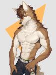 abs absurd_res anthro belt biceps bottomwear brown_body brown_fur canid canine clothing digital_media_(artwork) fur hair hi_res looking_at_viewer male mammal muscular muscular_anthro muscular_male pants pecs simple_background solo ty_arashi white_body white_fur 