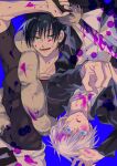  2boys bangs black_hair black_jacket black_shirt blood blood_on_face bloody_clothes bloody_weapon blue_background blue_eyes cowboy_shot eyebrows_visible_through_hair eyes_visible_through_hair fushiguro_touji gakuran gojou_satoru green_eyes hair_between_eyes hand_up highres holding holding_sword holding_weapon jacket jujutsu_kaisen looking_at_another looking_at_viewer male_focus monster multiple_boys open_mouth pink_blood scar scar_on_face school_uniform shiroto_iku shirt short_hair short_sleeves simple_background smile sword upside-down weapon white_hair white_shirt 