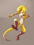  absurd_res agamid anthro athletic athletic_anthro claws feet frilled_lizard hi_res jumping lizard male midair multicolored_body nude red_body reptile scalie simple_background solo spiral_(thespiralaim) styxandstoned toes two_tone_tail white_body yellow_body 