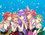  5girls bangs blue_background blue_eyes blue_hair blush bow breasts brown_eyes confetti eyebrows_behind_hair flat_chest freyja_wion graphic_shirt green_eyes green_nails green_skirt hair_behind_ear hair_bow hair_bun hands_on_own_face highres kaname_buccaneer leaning_forward long_hair macross macross_delta makina_nakajima medium_breasts mikumo_guynemer mosako multicolored_hair multiple_girls one_eye_closed orange_hair pink_hair pink_skirt pointy_ears purple_hair purple_nails purple_skirt red_eyes red_hair red_skirt reina_prowler shirt shirt_tucked_in short_hair skirt streaked_hair t-shirt twintails v w walkure_(macross_delta) yellow_skirt 