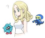  1girl ? alternate_hairstyle bare_arms blonde_hair closed_mouth commentary_request devanohundosi gen_1_pokemon gen_8_pokemon grapploct green_eyes gym_leader long_hair pokemon pokemon_(creature) pokemon_(game) pokemon_xy shiny shiny_hair shirt simple_background sleeveless sleeveless_shirt tangela upper_body viola_(pokemon) white_background white_shirt 