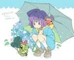  1boy blush brown_footwear bug bugsy_(pokemon) caterpie collared_shirt commentary_request devanohundosi gen_1_pokemon green_umbrella gym_leader holding holding_umbrella hood hood_down leaf male_focus pokemon pokemon_(creature) pokemon_(game) pokemon_hgss purple_eyes purple_hair raincoat shirt shoes short_hair socks sparkle squatting translation_request umbrella weedle white_legwear 